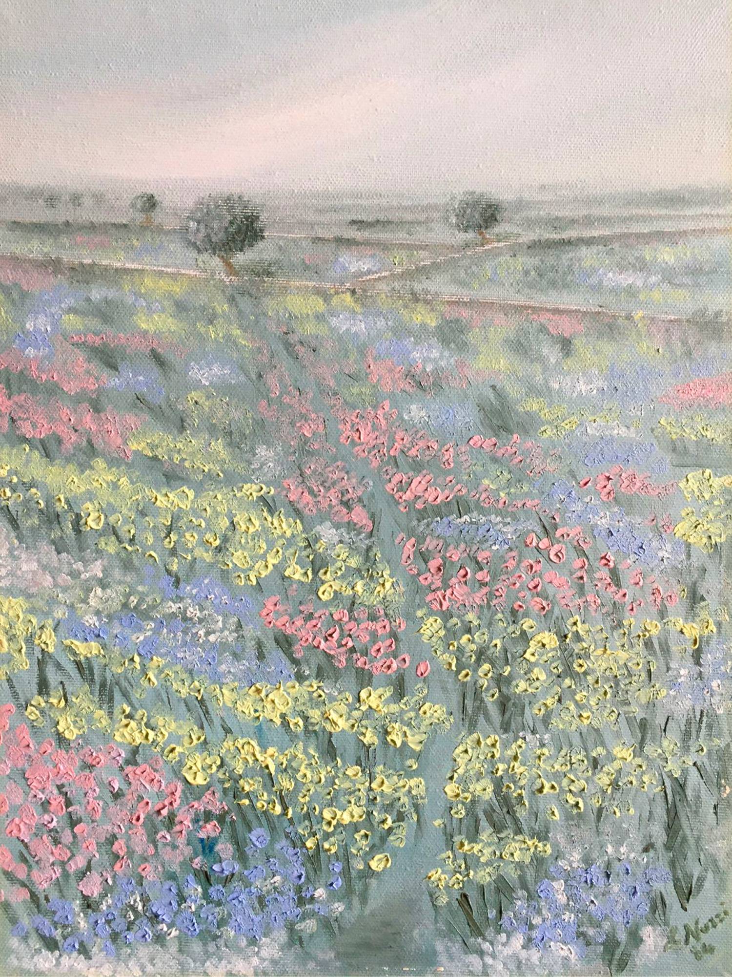 Vendita online opera di pittura ad olio dal titolo “Campagna fiorita 1” realizzata dall'artista contemporanea Linda Nuzzi